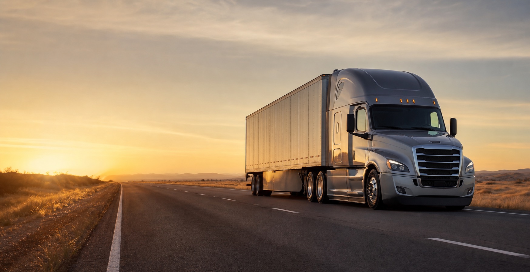 A semi truck running the highway at golden hour